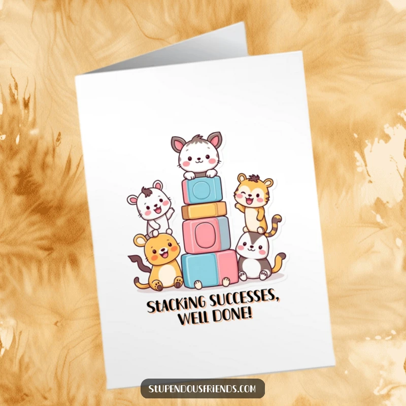 Funny Free Printable Congratulations Card with animals joyfully stacking colorful blocks in a towering structure.