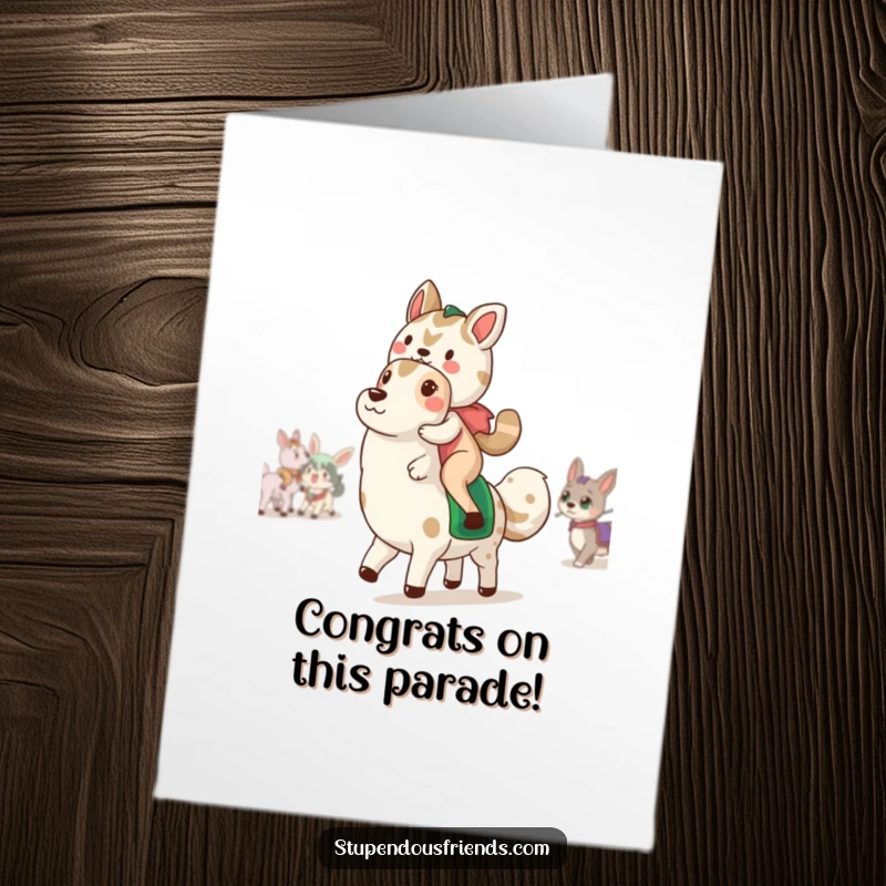 Funny Free Printable Congratulations Card features a comical animal parade, offering a unique downloadable art piece.