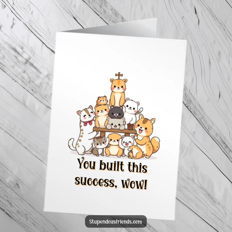 Funny Free Printable Congratulations Card: Animals are energetically building a structure, smiling and collaborating with joy.