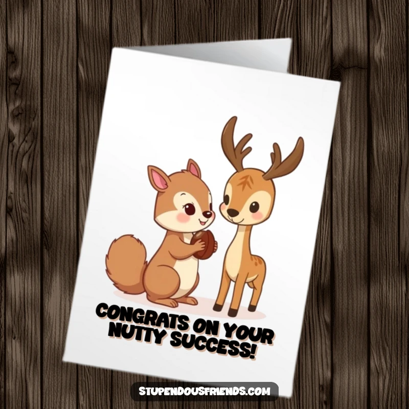 Funny Free Printable Congratulations Card: A generous squirrel presents a nut to a friendly deer, symbolizing shared success.