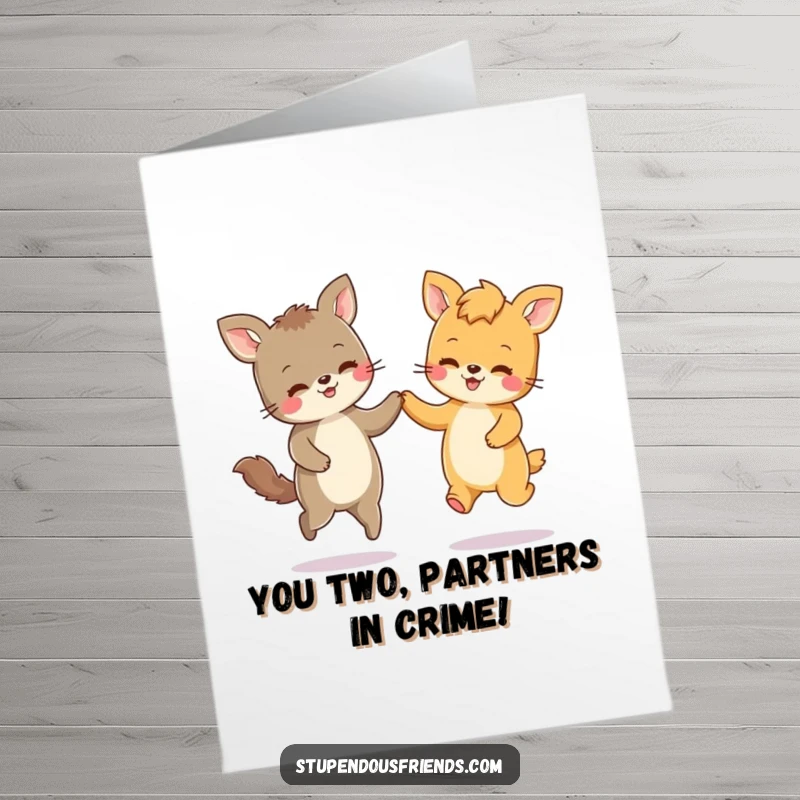 Funny Free Printable Congratulations Card showing two joyful animal friends holding paws and skipping together in celebration.