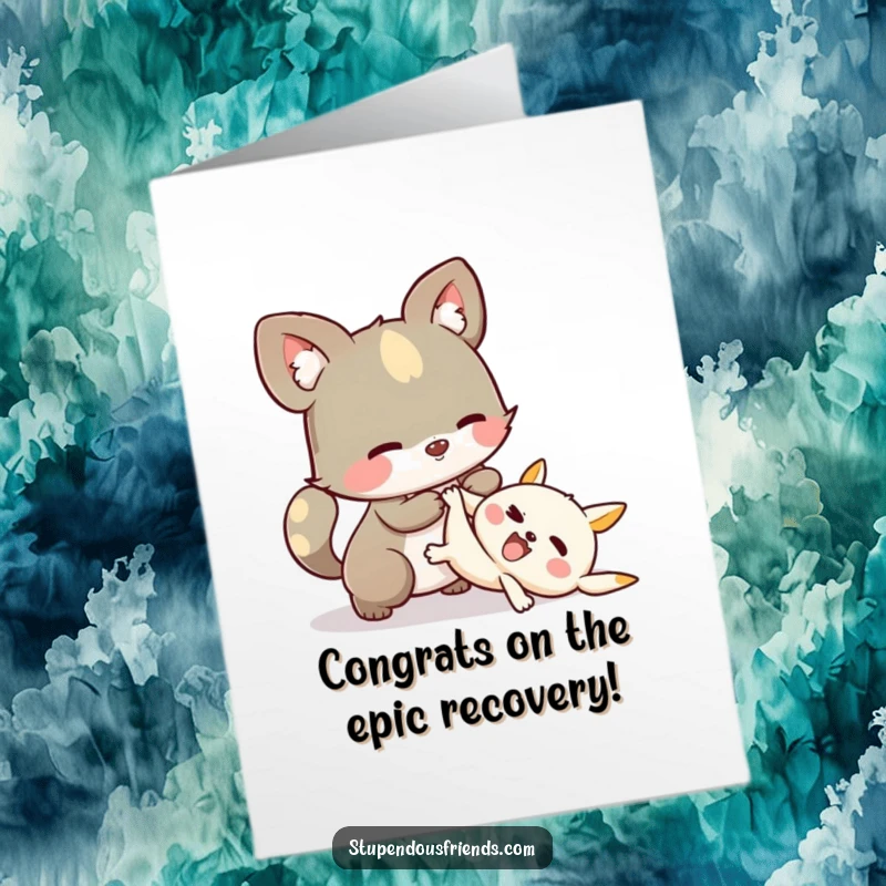 Funny Free Printable Congratulations Card showing one animal character offering a helping hand to another after a playful fall, celebrating perseverance.
