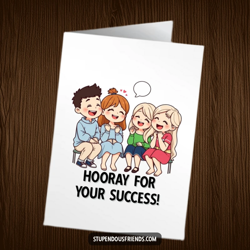 Funny Free Printable Congrats Card: Friends gathered, roaring with laughter while swapping jokes, embodying pure celebratory mirth.