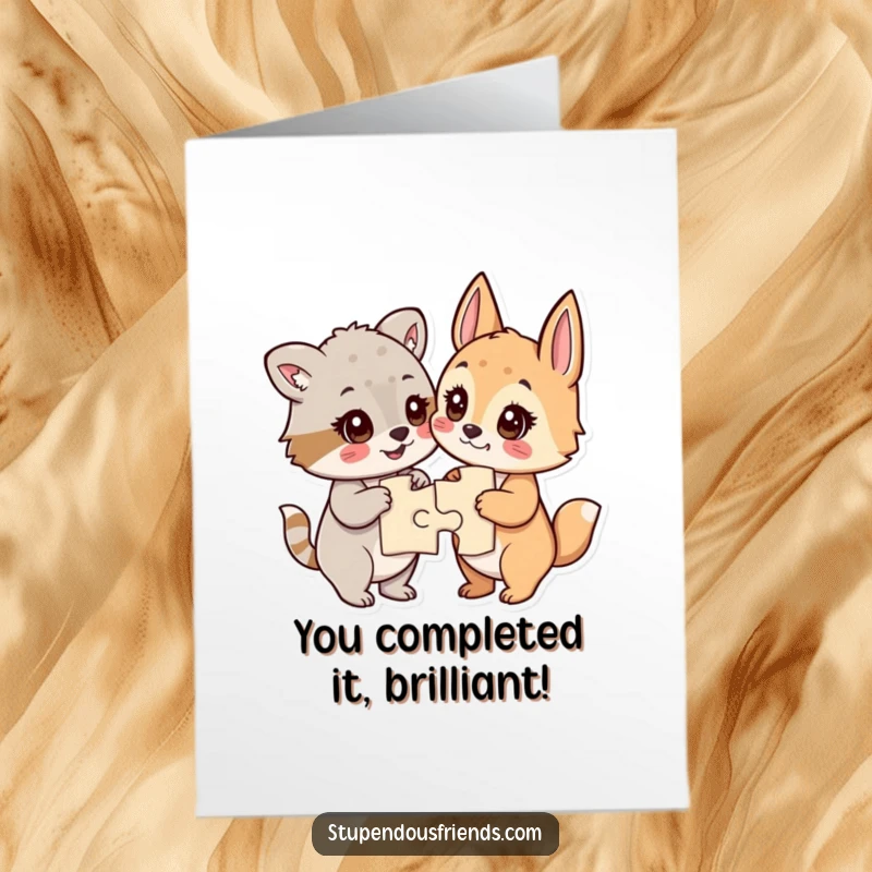 Funny Free Printable Congratulations Card showing animals beaming with pride after finishing a complex puzzle.