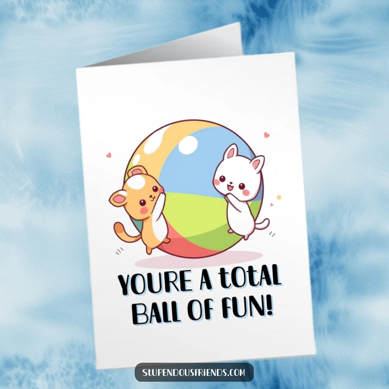 Funny Free Printable Congratulations Card: Energetic Kawaii animals playfully racing around a massive, vibrant ball, exuding pure joy.