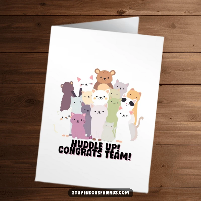 Free Printable Congratulations Card: A diverse group of animal silhouettes in a cheerful huddle, celebrating success as a team.