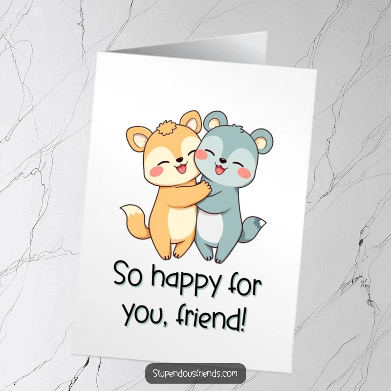 Cute Free Printable Congratulations Card: Two smiling animal characters joyfully hugging, symbolizing shared happiness upon achievement, ready to print.