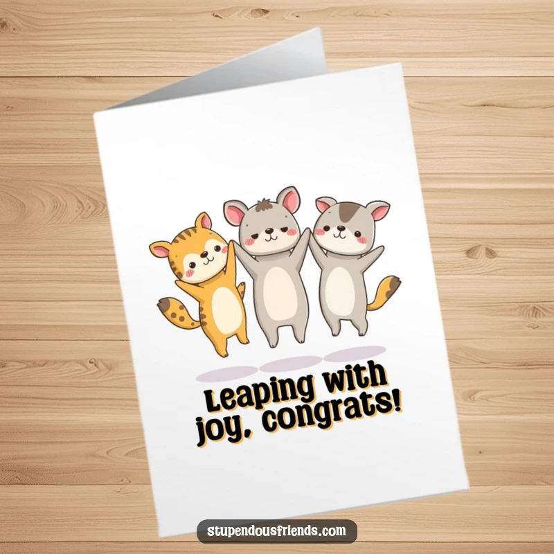 Funny Free Printable Congratulations Card: Animals circle hand-in-hand, jumping with pure exhilaration and joy.