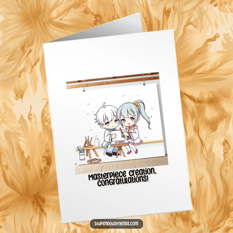 Funny Free Printable Congrats Card: Two buddies joyfully creating art on a large canvas, celebrating achievements with laughter.