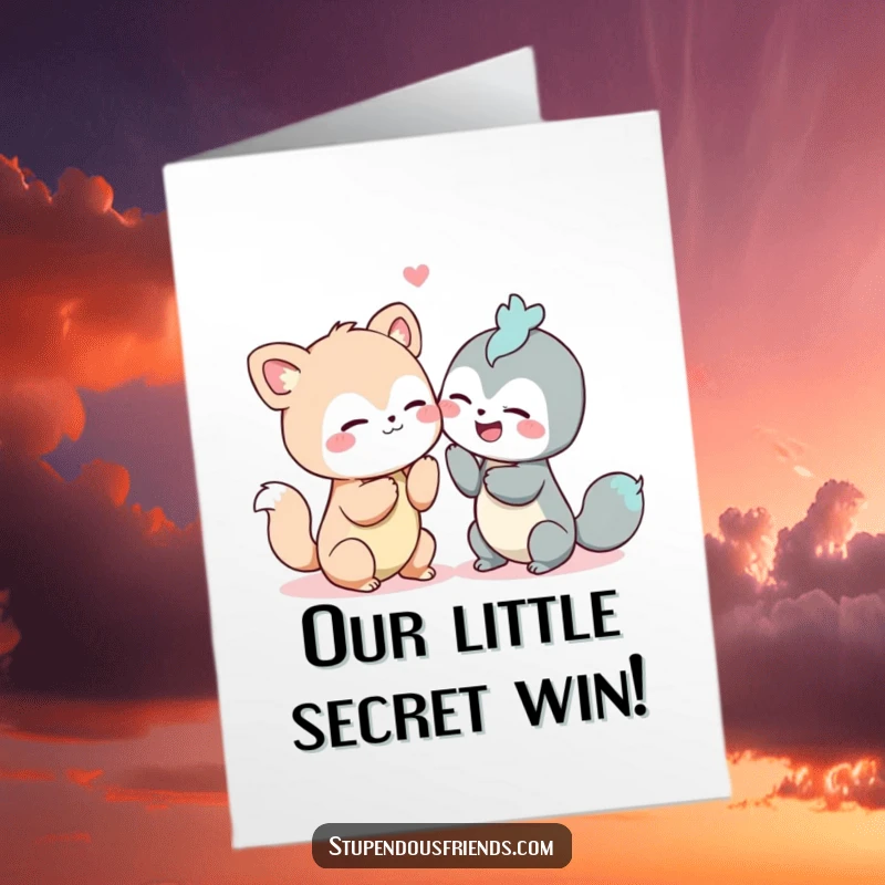 Funny Free Printable Congratulations Card features two animals sharing a secret and giggling mischievously, celebrating a shared win.