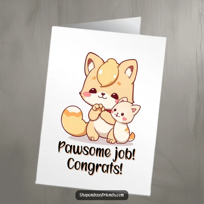 Funny Free Printable Congratulations Card: Character offering a helping paw to a friend, celebrating their achievement.