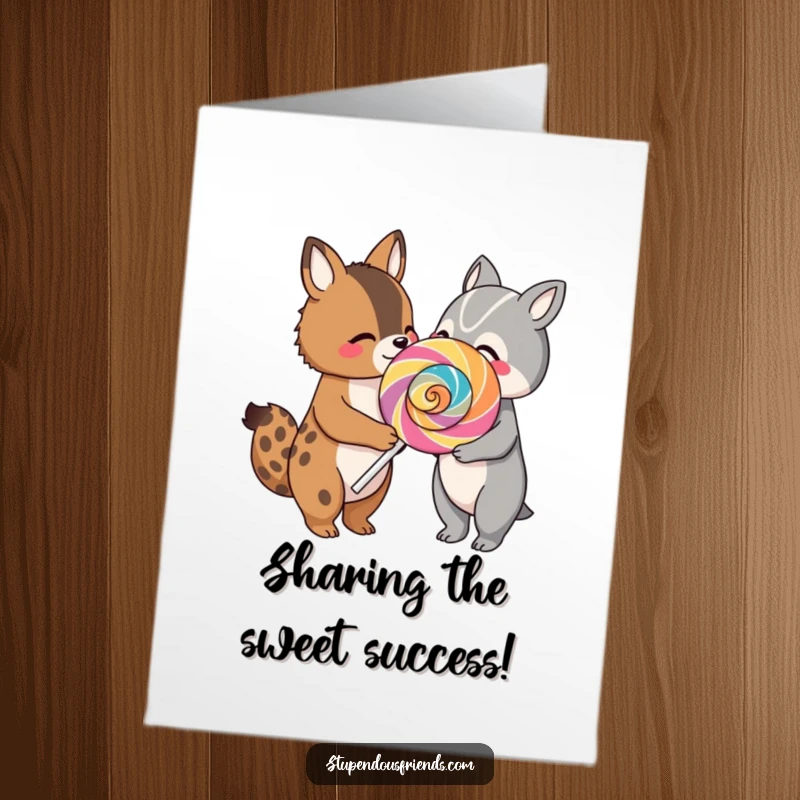 Free Printable Congratulations Card: Two cheerful animal characters sharing a massive, colorful lollipop, conveying sweet success.