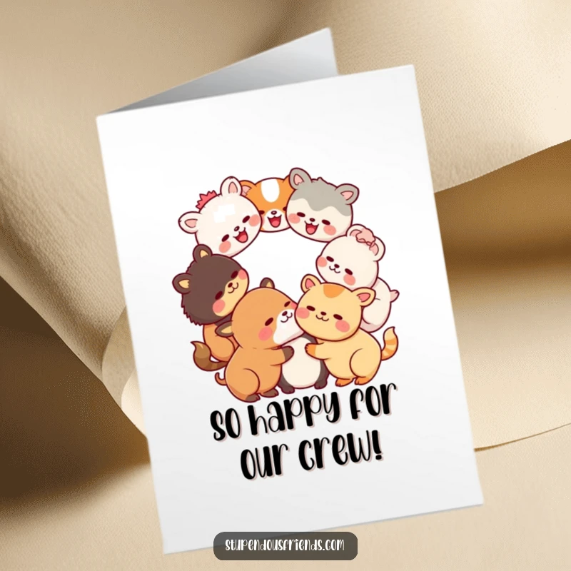 Funny Free Printable Congratulations Card: A group of cute Kawaii animals forming a circle, heads close, sharing a moment of pure, hearty laughter.