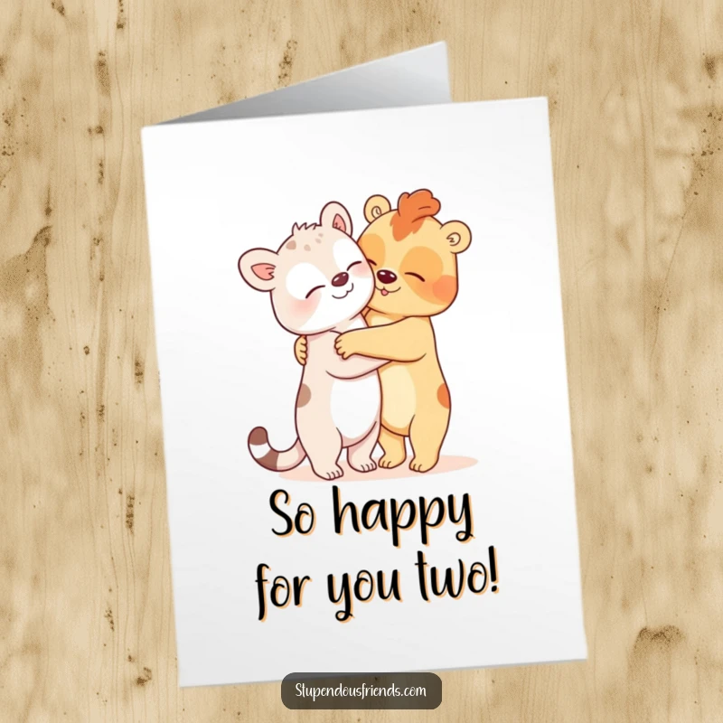 Free Printable Congratulations Card: Two adorable animals locked in a comically large, joyful hug, celebrating an achievement.