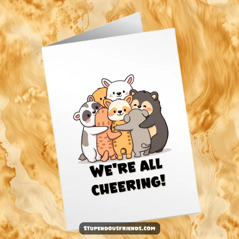 Funny Free Printable Congratulations Card, a group of animals huddled together with arms around each other, celebrating a shared victory.