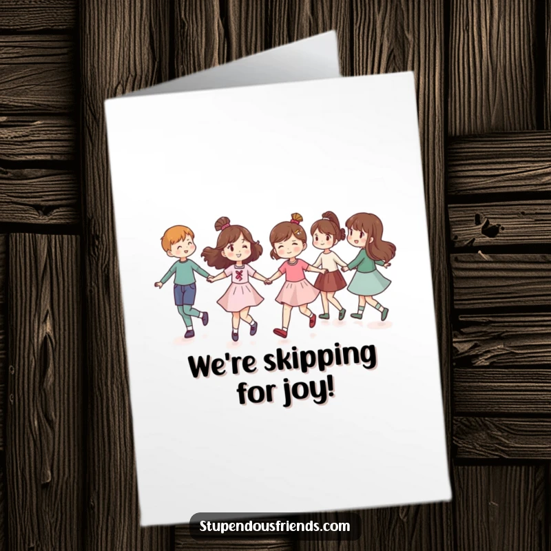 Funny Free Printable Congratulations Card: Group of friends happily skipping in a circle, celebrating a shared victory.
