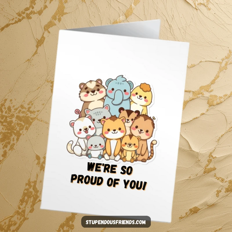 Free Printable Congratulations Card showing a diverse collection of smiling animal characters gathered together, sharing in happiness.