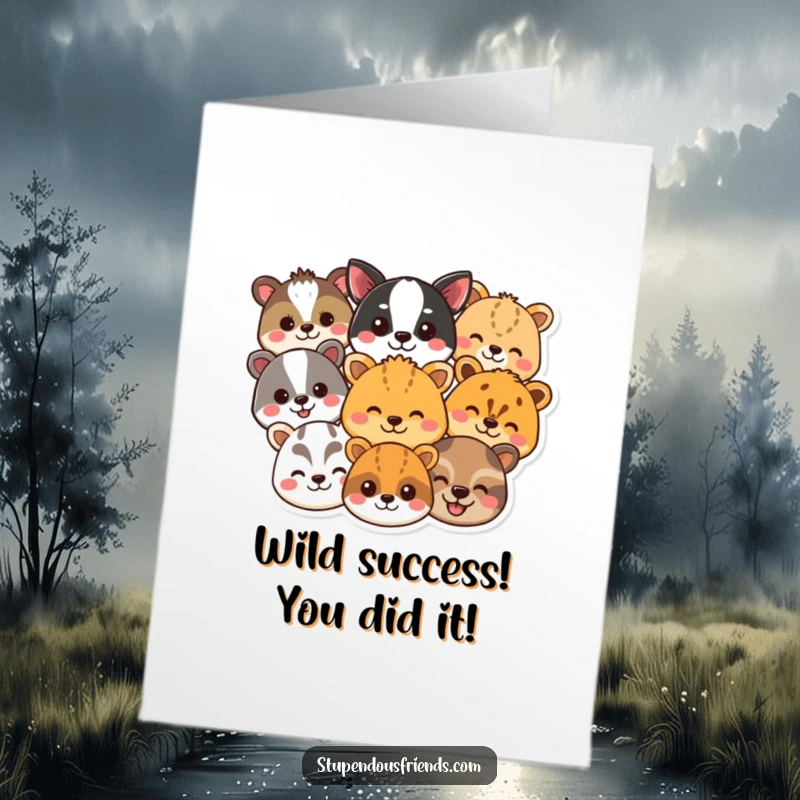 Funny Free Printable Congratulations Card featuring a diverse group of beaming animal heads, celebrating any achievement with pure joy. Downloadable art.