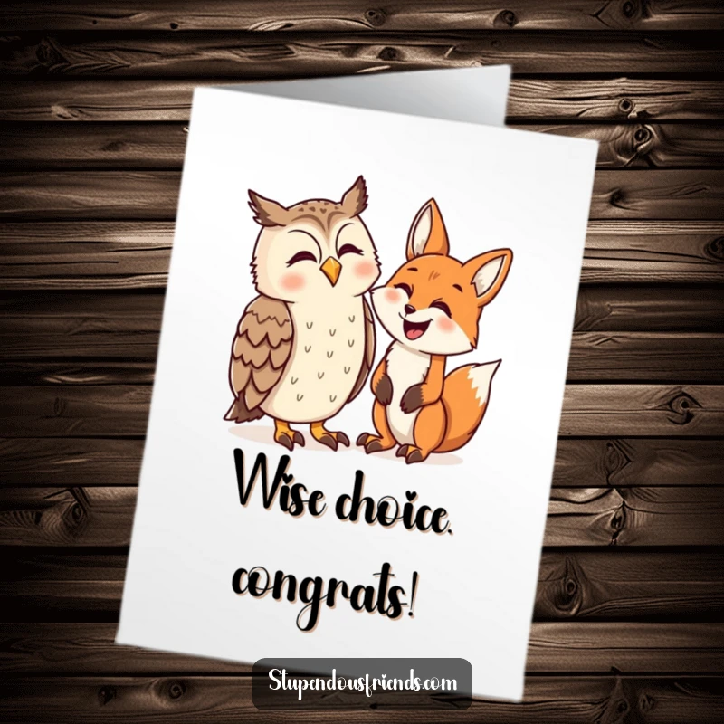 Funny Free Printable Congratulations Card featuring a wise owl and a cunning fox sharing a moment of uncontrollable laughter.