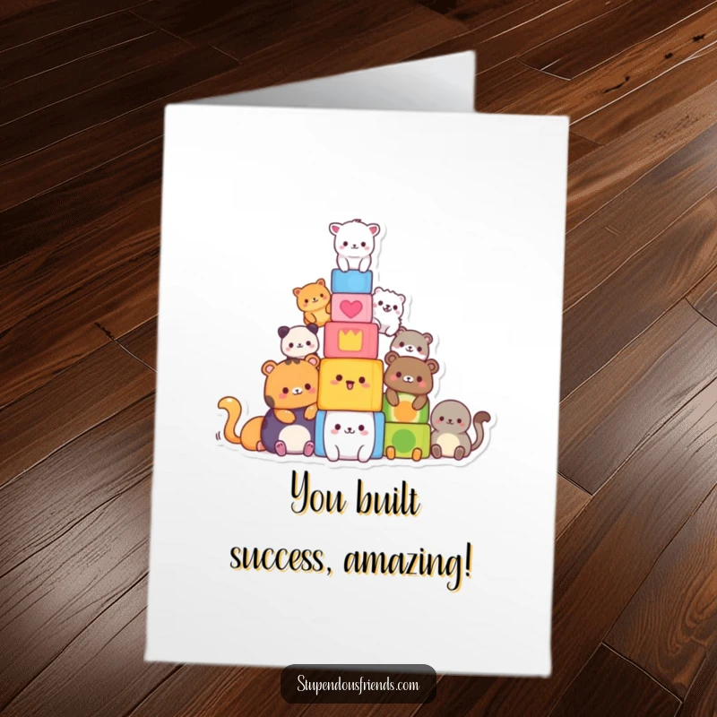 Funny Free Printable Congratulations Card, diverse animal friends stacking colorful blocks with teamwork and glee, a joyous celebration.
