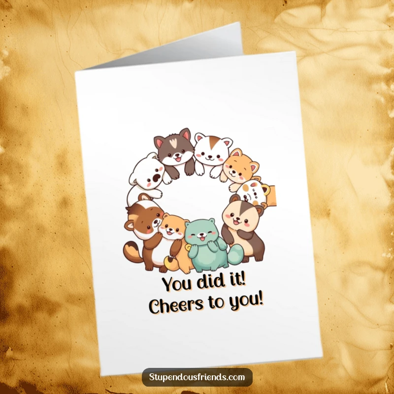 Funny Free Printable Congratulations Card: A diverse group of animals forming a happy circle, perfect for celebrating wins.