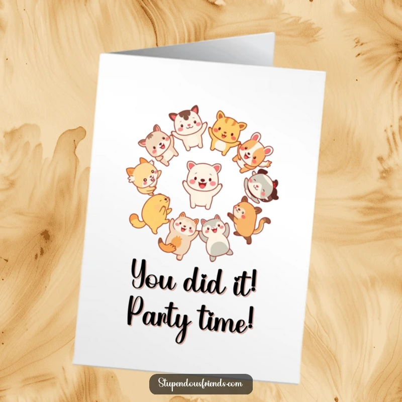 Funny Free Printable Congratulations Card: Energetic cartoon animals dancing together, celebrating a shared success and happy moments.