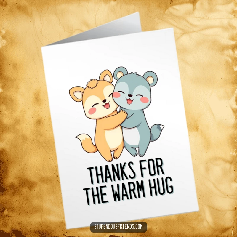 Cute Free Printable Thank You Card: Two smiling animal characters sharing a sweet hug, conveying heartfelt thanks with warmth, printable.