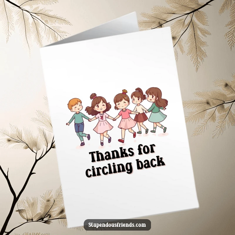 Funny Free Printable Thank You Card: Group of friends holding hands and skipping in a circle, conveying thanks.