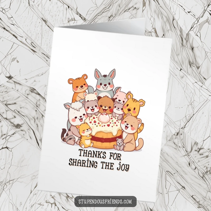 Funny Free Printable Thank You Card with diverse animal characters gathered around a huge, yummy treat, expressing gratitude through shared joy.