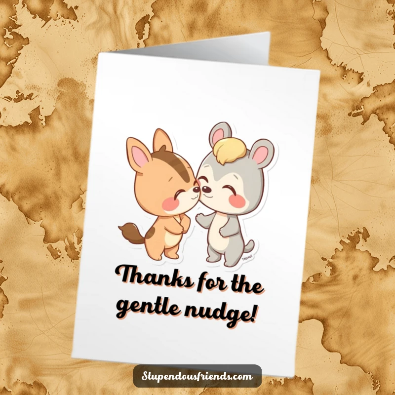 Funny Free Printable Thank You Card: An animal playfully nudges its friend, a warm way to say thanks.