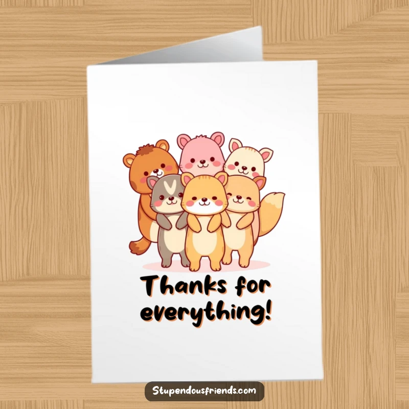 Funny Free Printable Thank You Card depicts a happy chain of animals holding hands, symbolizing unity and heartfelt gratitude.