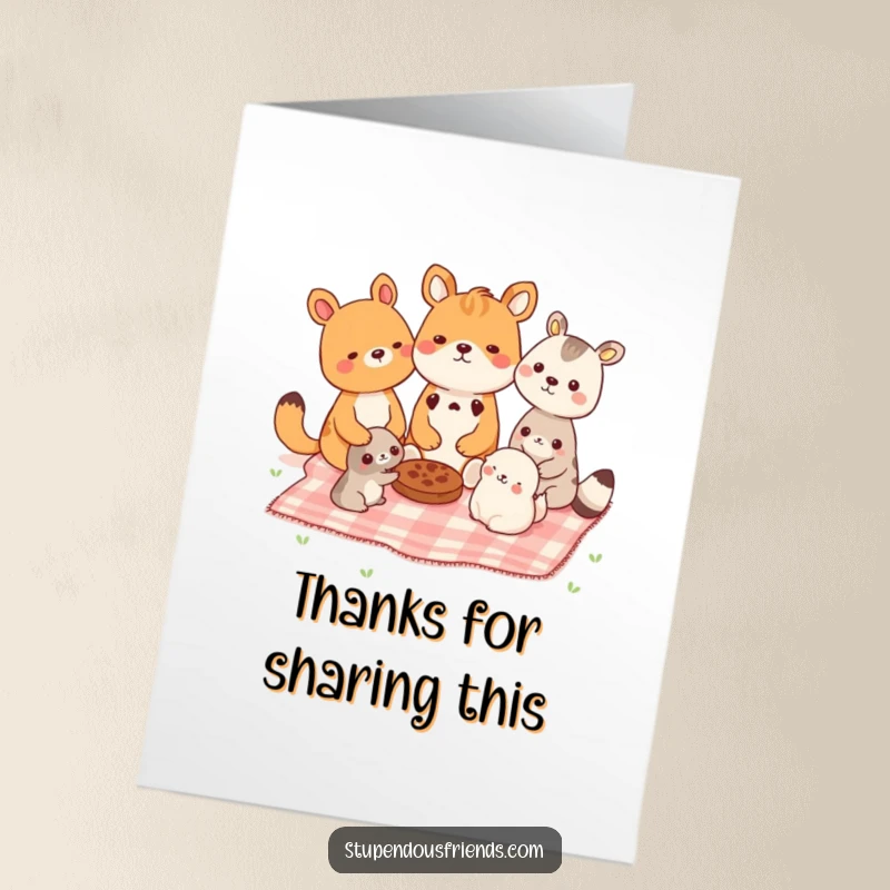 Funny Free Printable Thank You Card, adorable animal friends enjoying a sunny picnic together, sharing food and smiles.