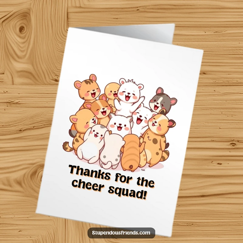 Funny Free Printable Thank You Card: Group of animals in a circle, laughing and cheering together to show thanks.
