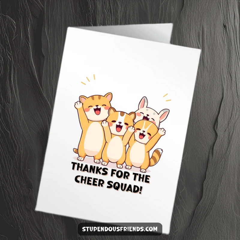 Funny Free Printable Thank You Card depicting animated animals cheering enthusiastically with raised paws.