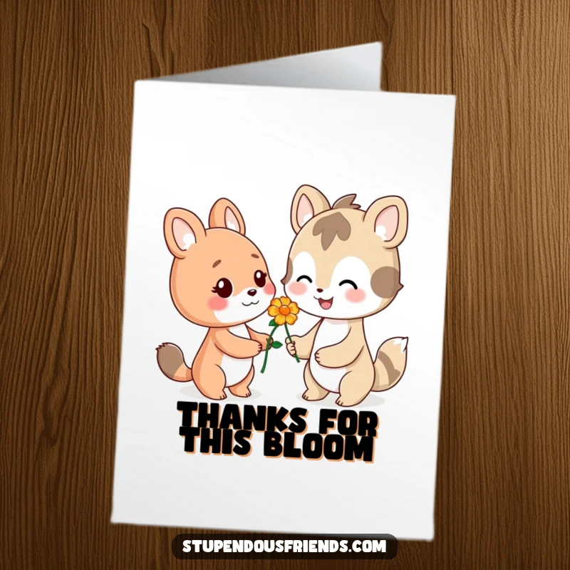 Funny Free Printable Thank You Card: A smiling animal offers a flower, a sweet and humorous token of thanks.