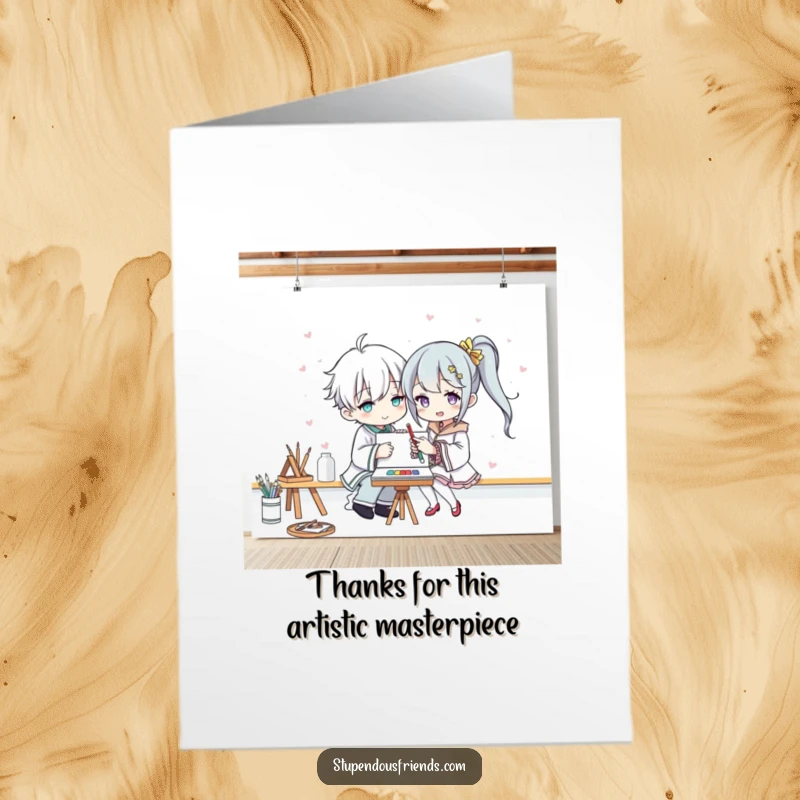 Funny Free Printable Thank You Card: Two funny characters collaborating on a huge canvas, showing thanks with artistic flair.