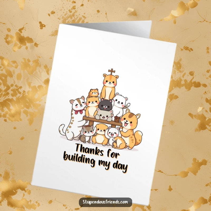 Funny Free Printable Thank You Card: Smiling animal friends are actively constructing a structure together, showing helpfulness.