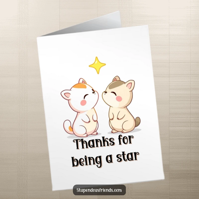 Funny Free Printable Thank You Card: Animal companions share a moment gazing at a single, magnificent star above.