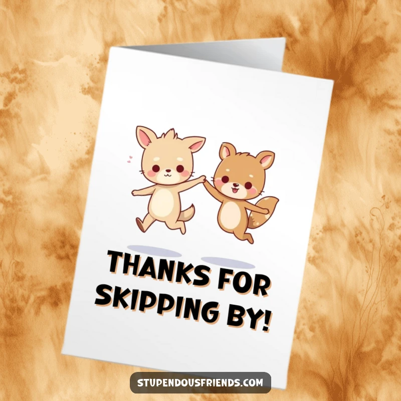 Funny Free Printable Thank You Card: Two happy animals skipping together, conveying sincere thanks with a playful skip.