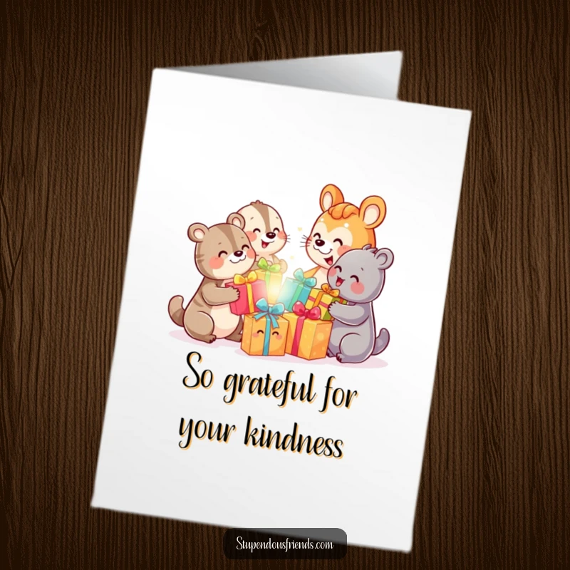 Funny Free Printable Thank You Card featuring grateful animals joyfully exchanging colorful gifts with big smiles, expressing sincere thanks.
