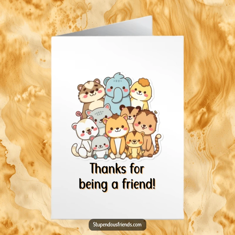 Free Printable Thank You Card featuring a friendly group of diverse animal characters huddled together, smiling warmly to express thanks.
