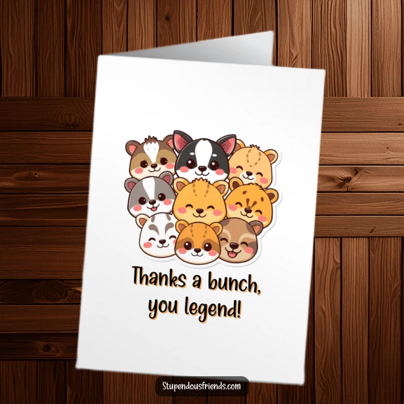 Funny Free Printable Thank You Card showcasing an assortment of smiling animal heads, expressing gratitude with infectious delight. Easy to print.