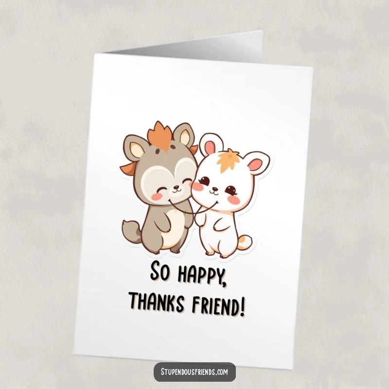 Funny Free Printable Thank You Card, two stylized animal characters sharing a huge smiley face, conveying warm appreciation.