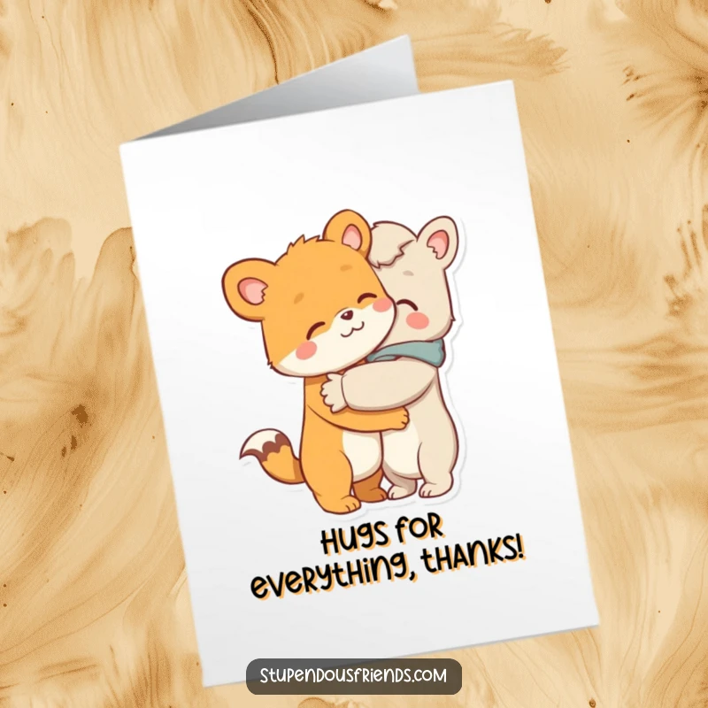 Heartwarming Free Printable Thank You Card: Two animal characters embrace in a warm, comforting hug, a touching downloadable thank you.