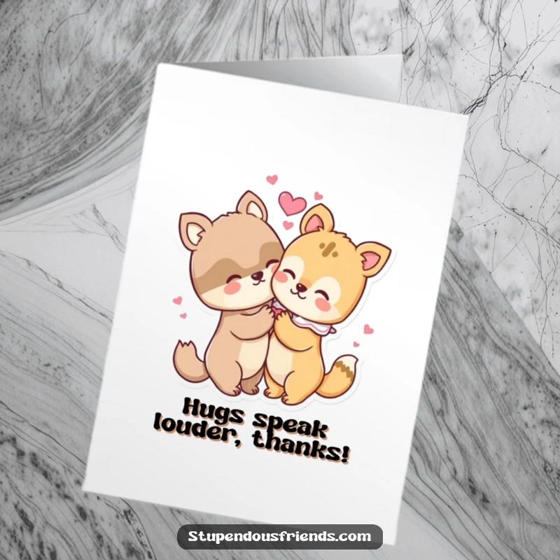 Funny Free Printable Thank You Card showing two animal friends embracing, a shower of hearts expressing thanks.