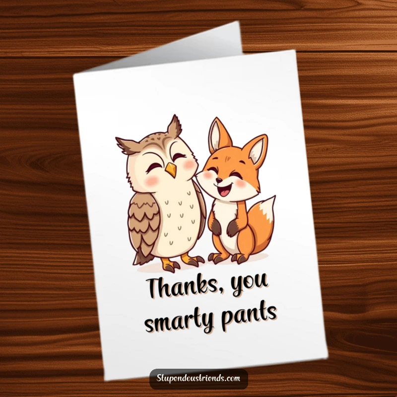 Funny Free Printable Thank You Card with an owl and a fox in stitches, a humorous way to say thanks.