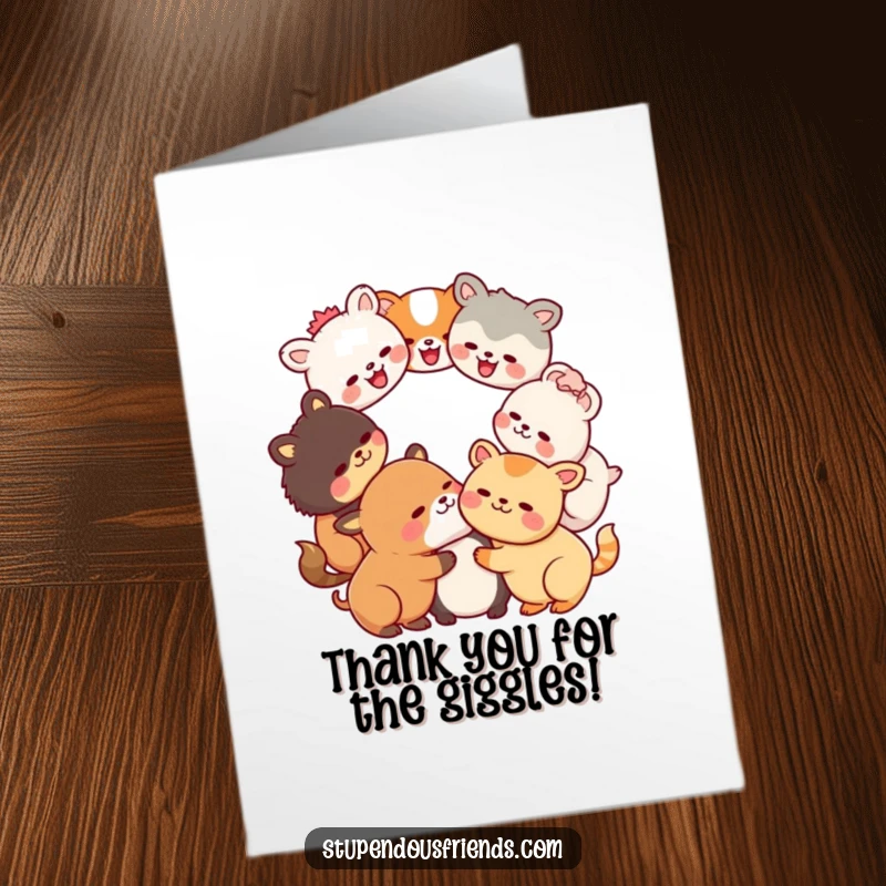 Funny Free Printable Thank You Card: A circle of happy Kawaii animals laughing together, their heads touching in shared amusement.