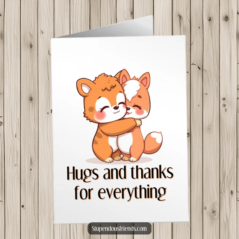 Funny Free Printable Thank You Card showing an animal character giving a comforting hug.