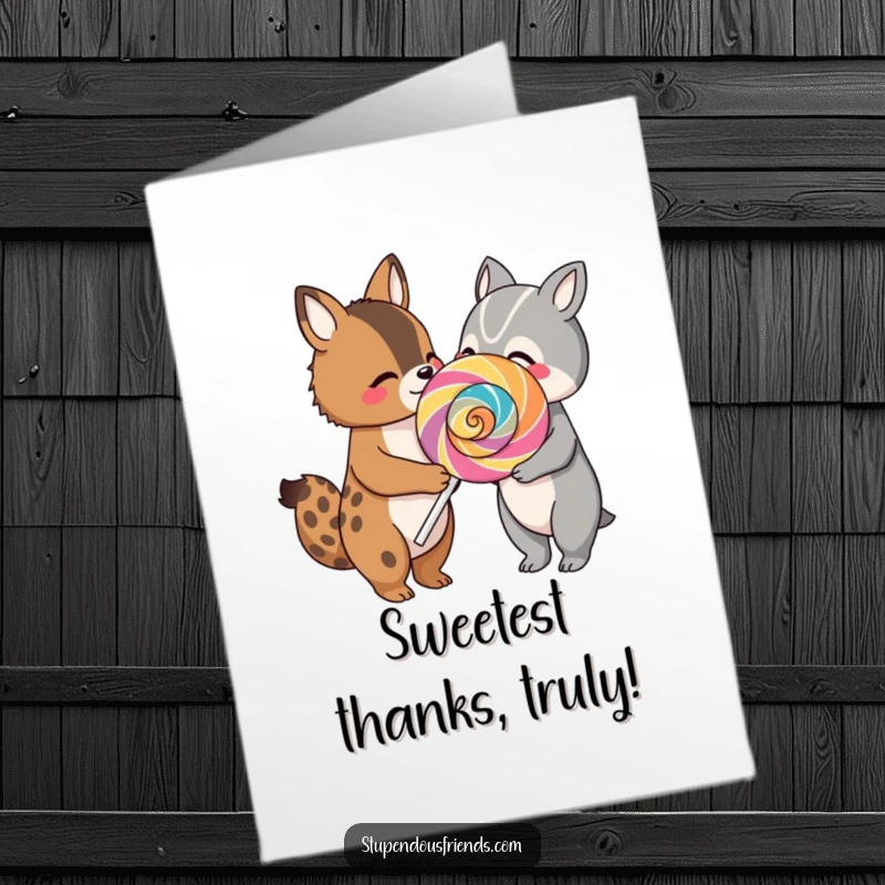Free Printable Thank You Card: Two animal friends happily sharing a giant, multi-colored lollipop, expressing sweet thanks.