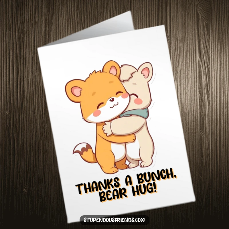 Funny Free Printable Thank You Card: A tender hug between animal characters, a sweet downloadable way to say thanks.